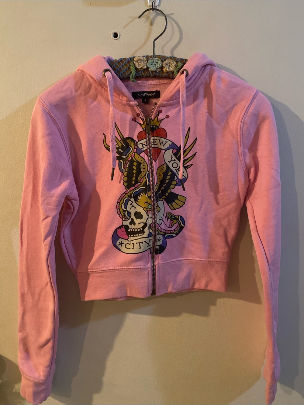Ed Hardy Pink Cropped Zip Hoodie with Tattoo Graphic